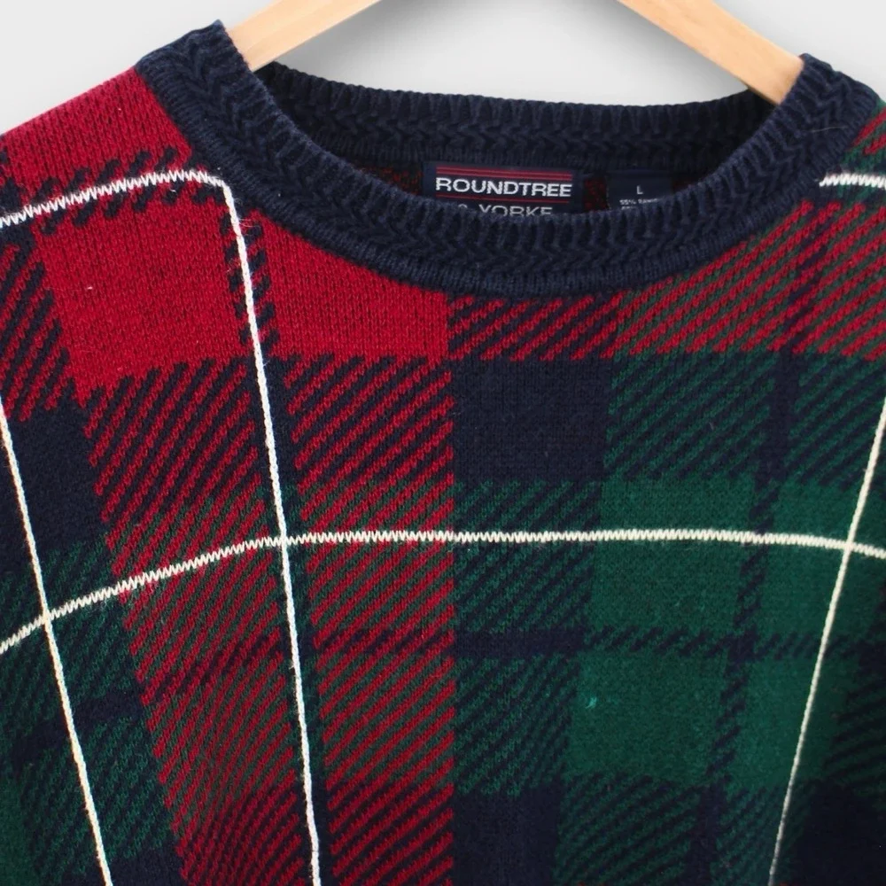 Vintage Plaid Sweater Mens L 90s Grunge Cotton Cabin Core Red Green Oversized